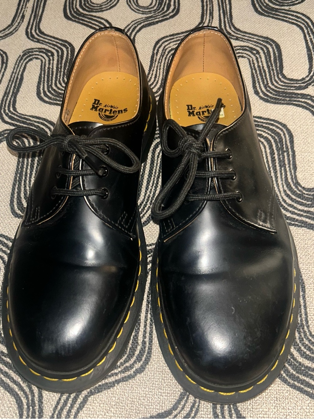 Dr. Martens Black Leather 3-Eye Oxfords with Yellow Stitching